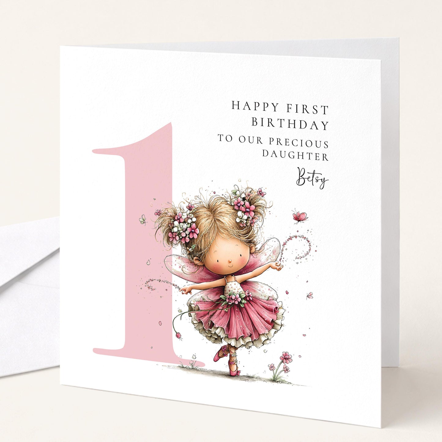 Personalised 1st Birthday Card for Girl, Fairy Birthday Daughter Card, Blonde Baby Girl Age 1 Card, Custom Name First Birthday Keepsake