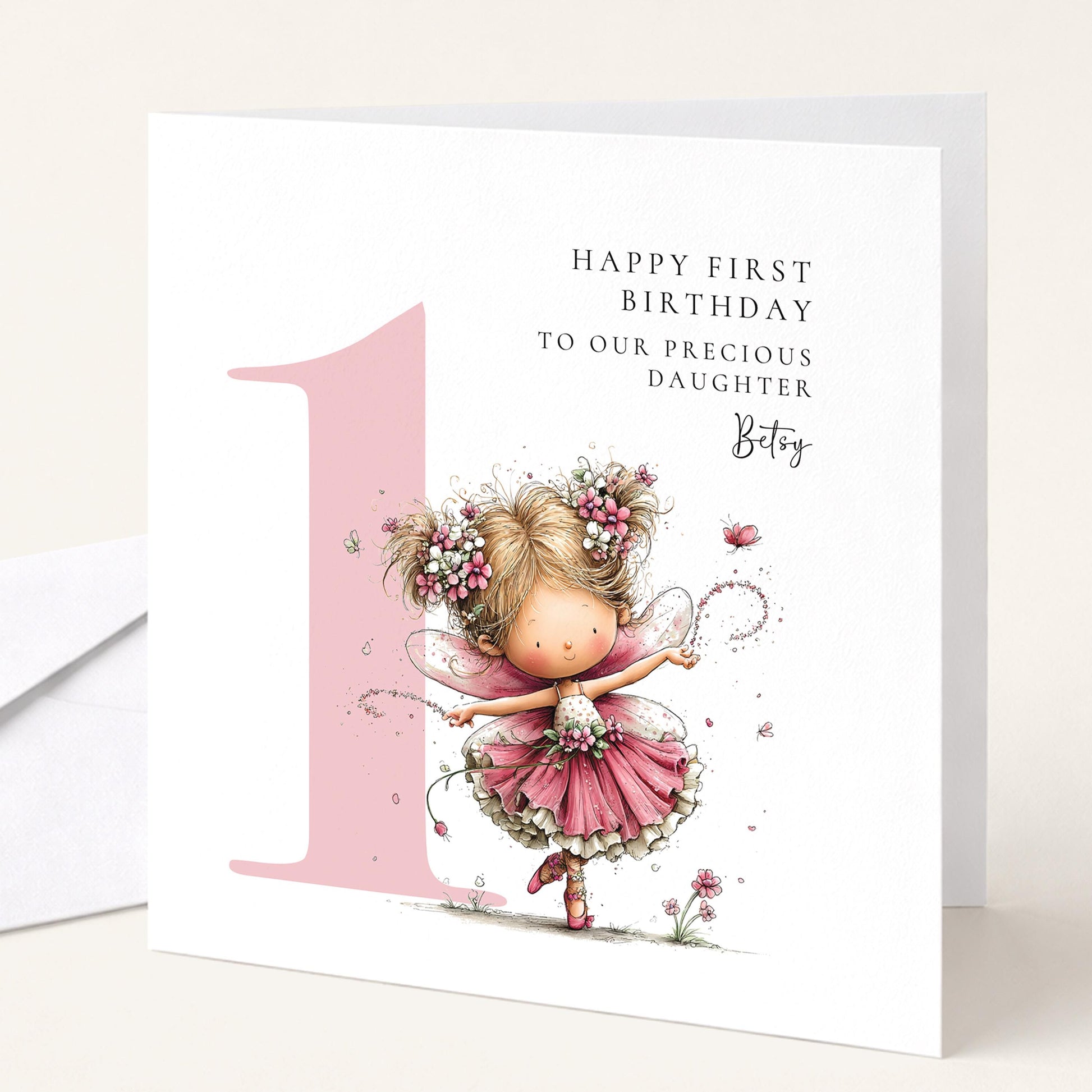 Personalised 1st Birthday Card for Girl, Fairy Birthday Daughter Card, Blonde Baby Girl Age 1 Card, Custom Name First Birthday Keepsake