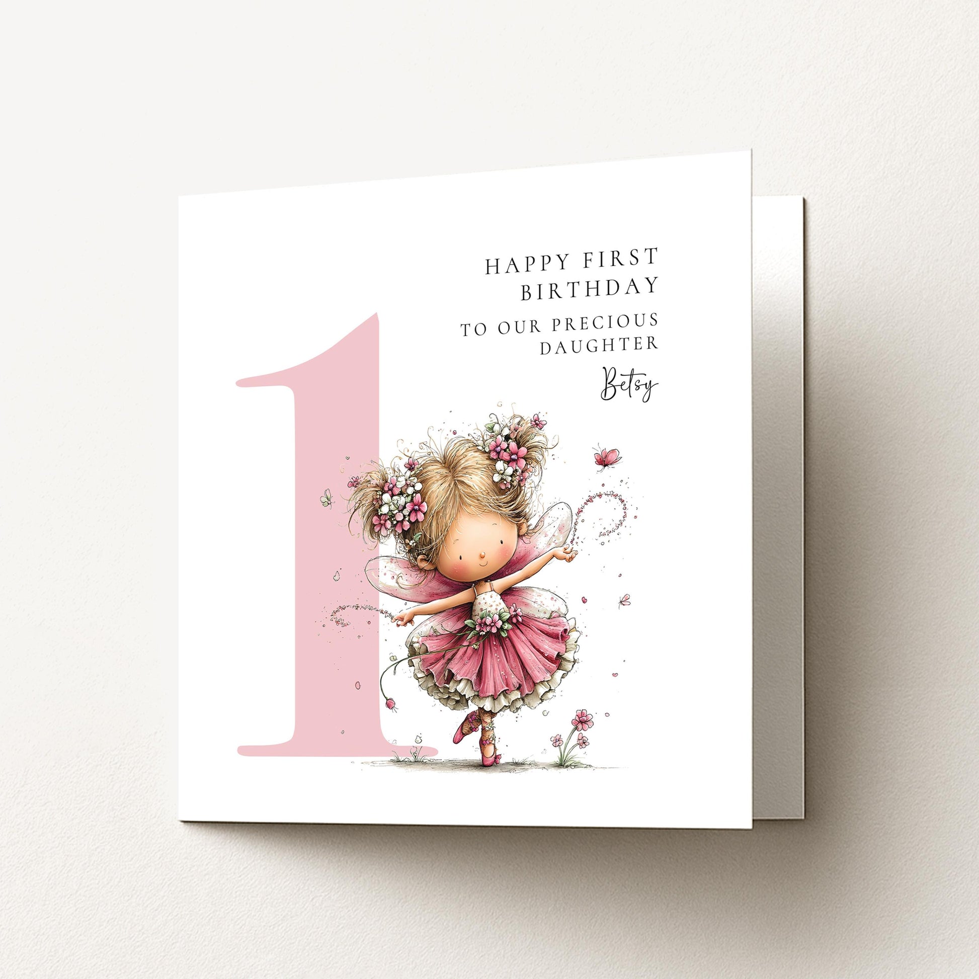 Personalised 1st Birthday Card for Girl, Fairy Birthday Daughter Card, Blonde Baby Girl Age 1 Card, Custom Name First Birthday Keepsake