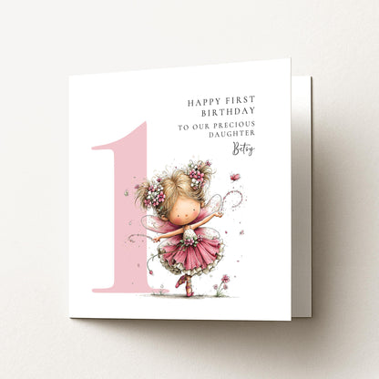 Personalised 1st Birthday Card for Girl, Fairy Birthday Daughter Card, Blonde Baby Girl Age 1 Card, Custom Name First Birthday Keepsake