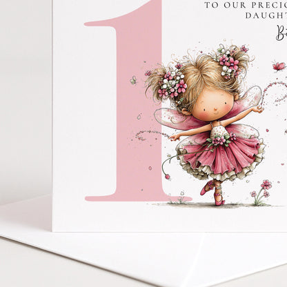 Personalised 1st Birthday Card for Girl, Fairy Birthday Daughter Card, Blonde Baby Girl Age 1 Card, Custom Name First Birthday Keepsake