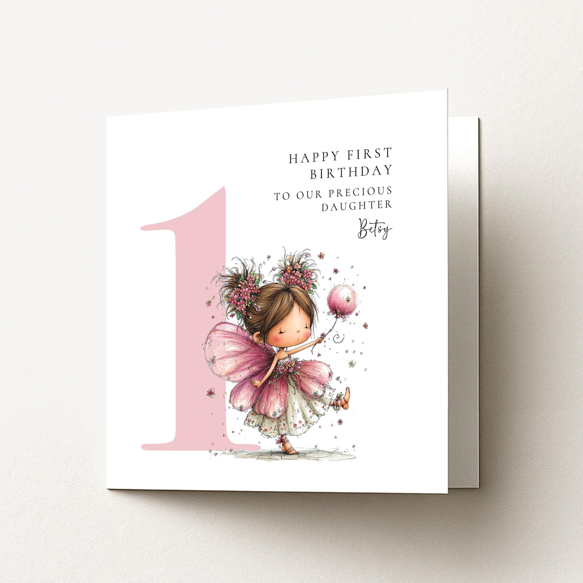 Personalised 1st Birthday Card for Girl, Fairy Birthday Daughter Card, Brunette Baby Girl Age 1 Card, Custom Name First Birthday Keepsake