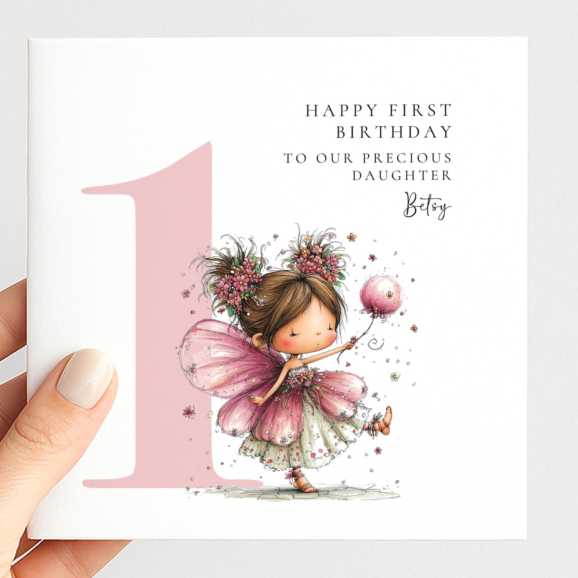 Personalised 1st Birthday Card for Girl, Fairy Birthday Daughter Card, Brunette Baby Girl Age 1 Card, Custom Name First Birthday Keepsake