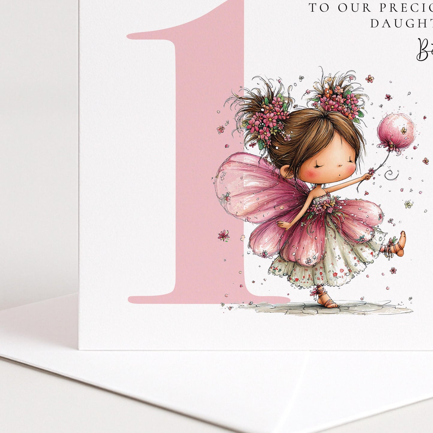 Personalised 1st Birthday Card for Girl, Fairy Birthday Daughter Card, Brunette Baby Girl Age 1 Card, Custom Name First Birthday Keepsake