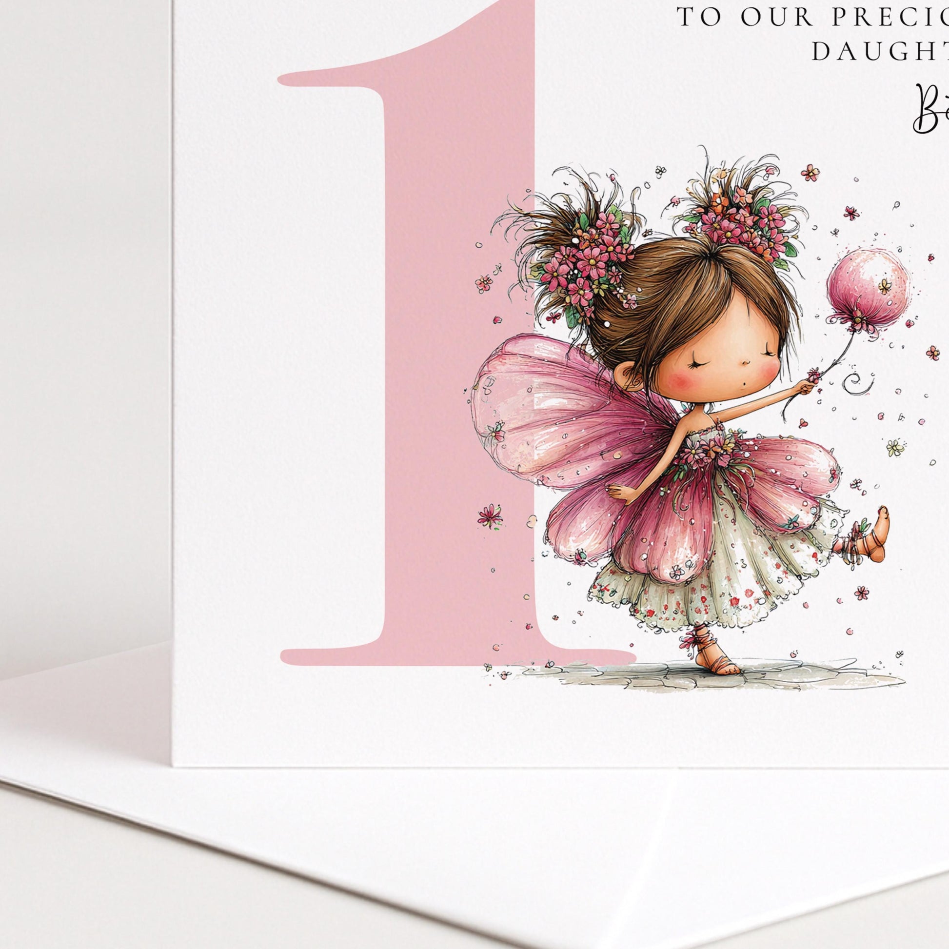 Personalised 1st Birthday Card for Girl, Fairy Birthday Daughter Card, Brunette Baby Girl Age 1 Card, Custom Name First Birthday Keepsake