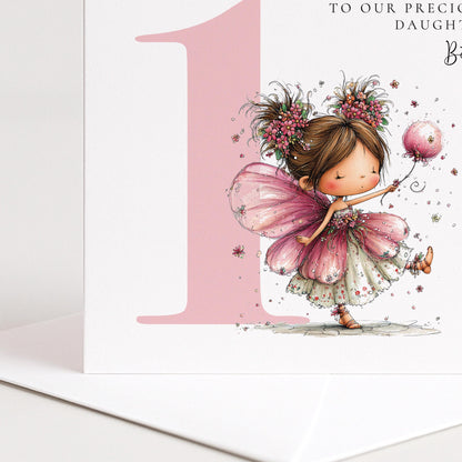 Personalised 1st Birthday Card for Girl, Fairy Birthday Daughter Card, Brunette Baby Girl Age 1 Card, Custom Name First Birthday Keepsake