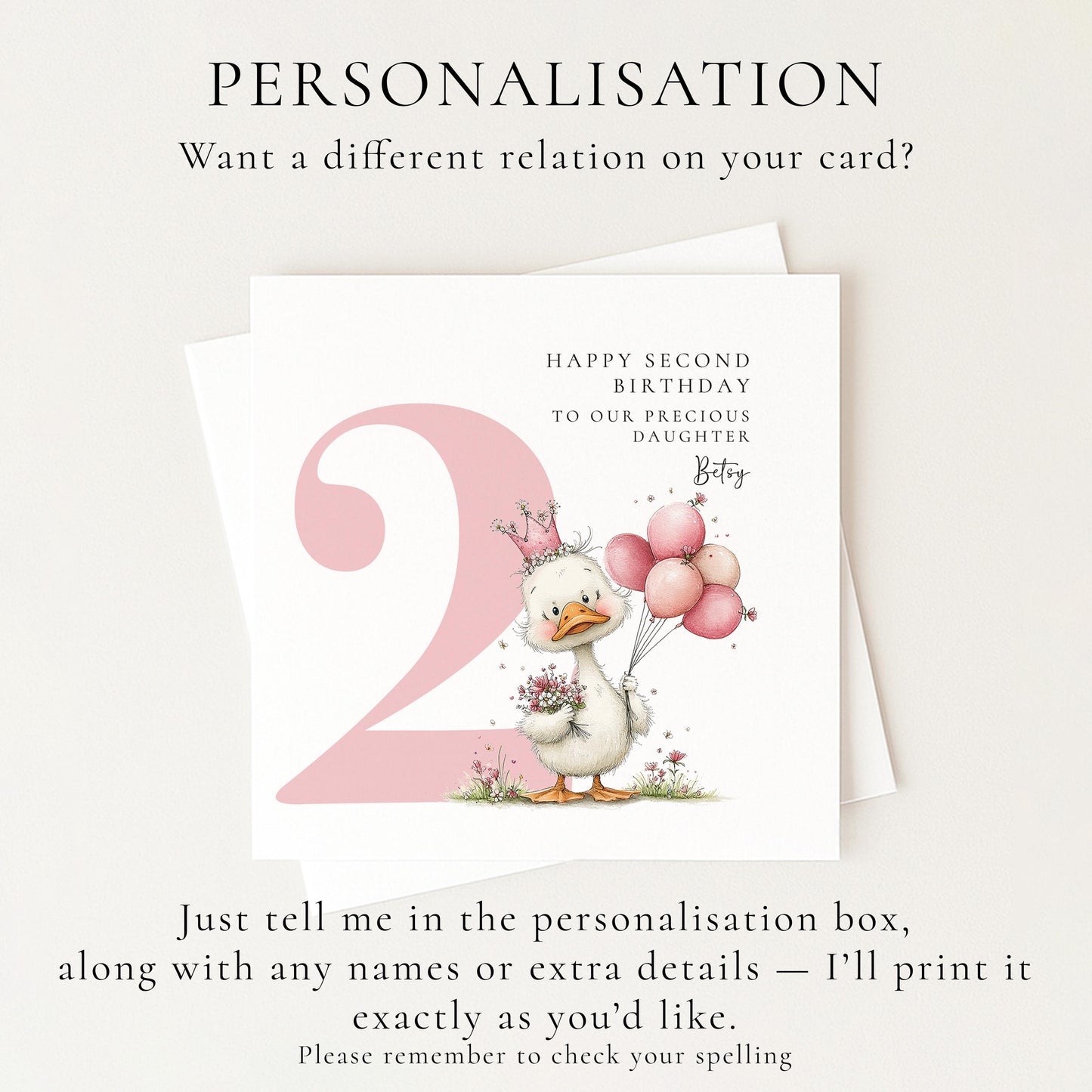 Personalised 2nd Birthday Card for Girl, Second Birthday Daughter Card, Baby Girl Age 2 Card, Custom Name Birthday Keepsake