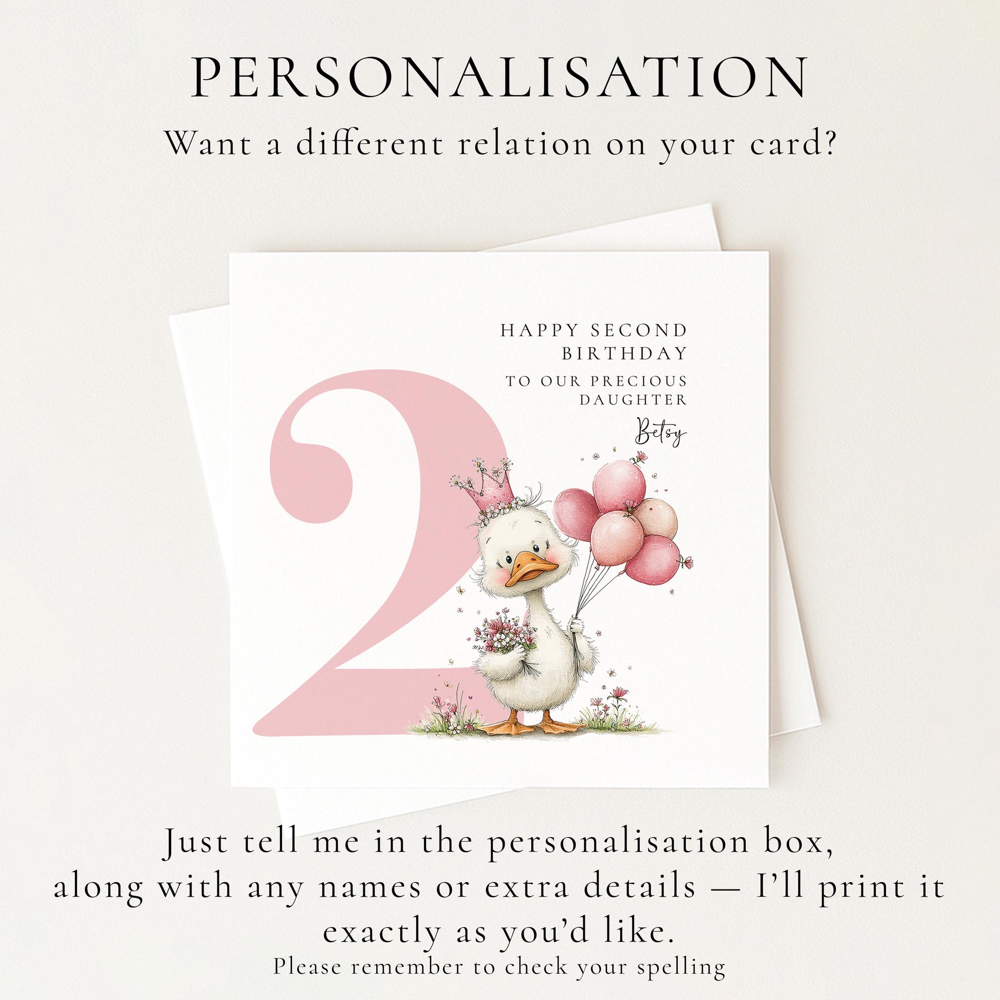 Personalised 2nd Birthday Card for Girl, Second Birthday Daughter Card, Baby Girl Age 2 Card, Custom Name Birthday Keepsake