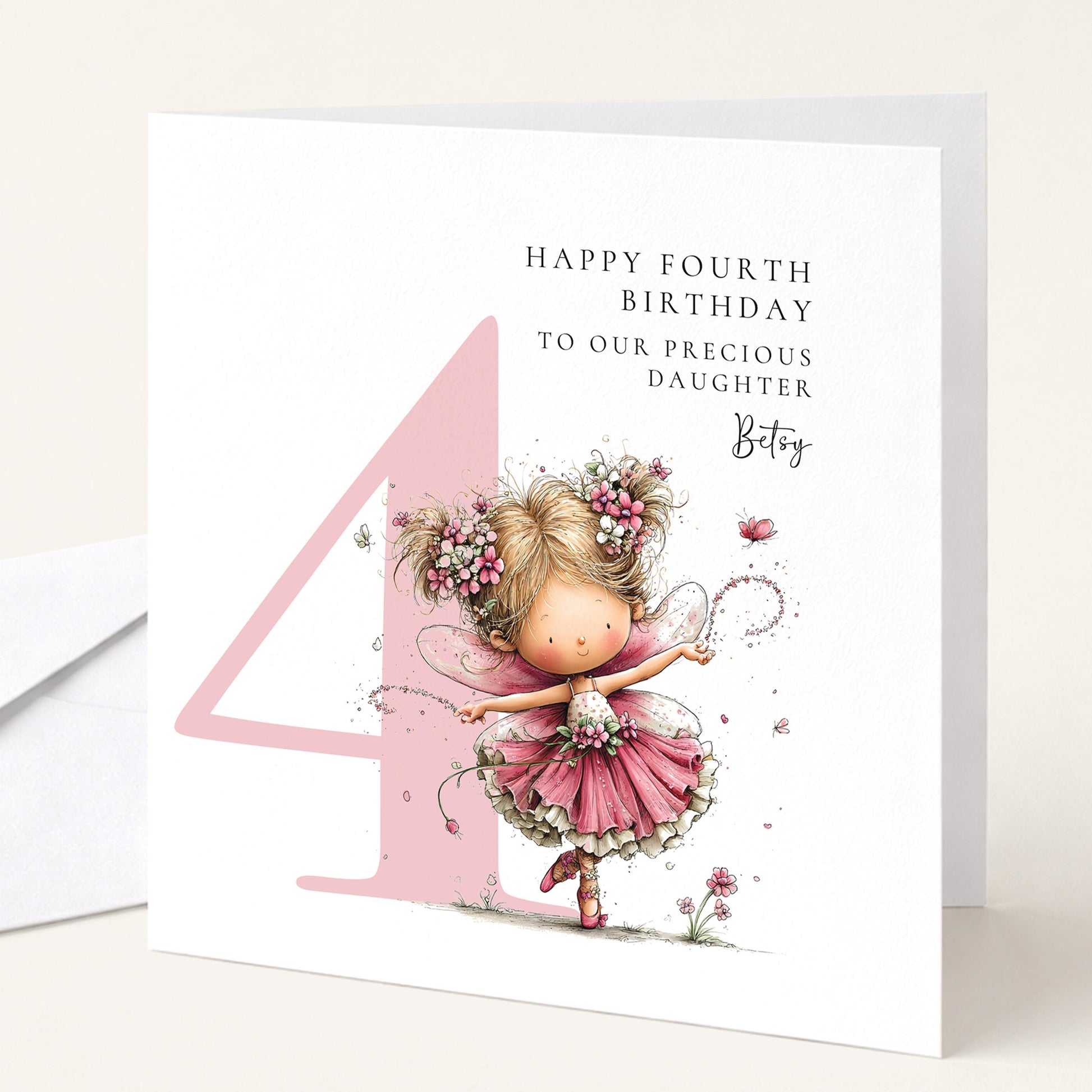 Personalised 4th Birthday Card for Girl, Fairy Birthday Daughter Card, Blonde Baby Girl Age 4 Card, Custom Name First Birthday Keepsake