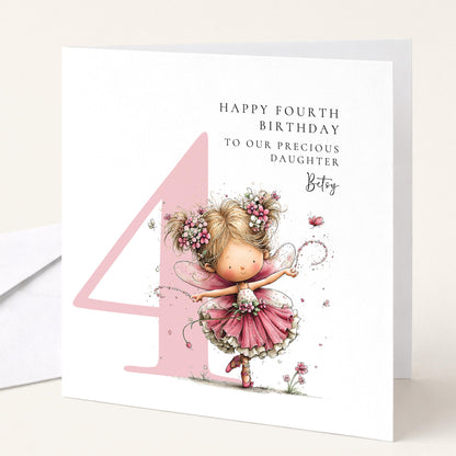 Personalised 4th Birthday Card for Girl, Fairy Birthday Daughter Card, Blonde Baby Girl Age 4 Card, Custom Name First Birthday Keepsake