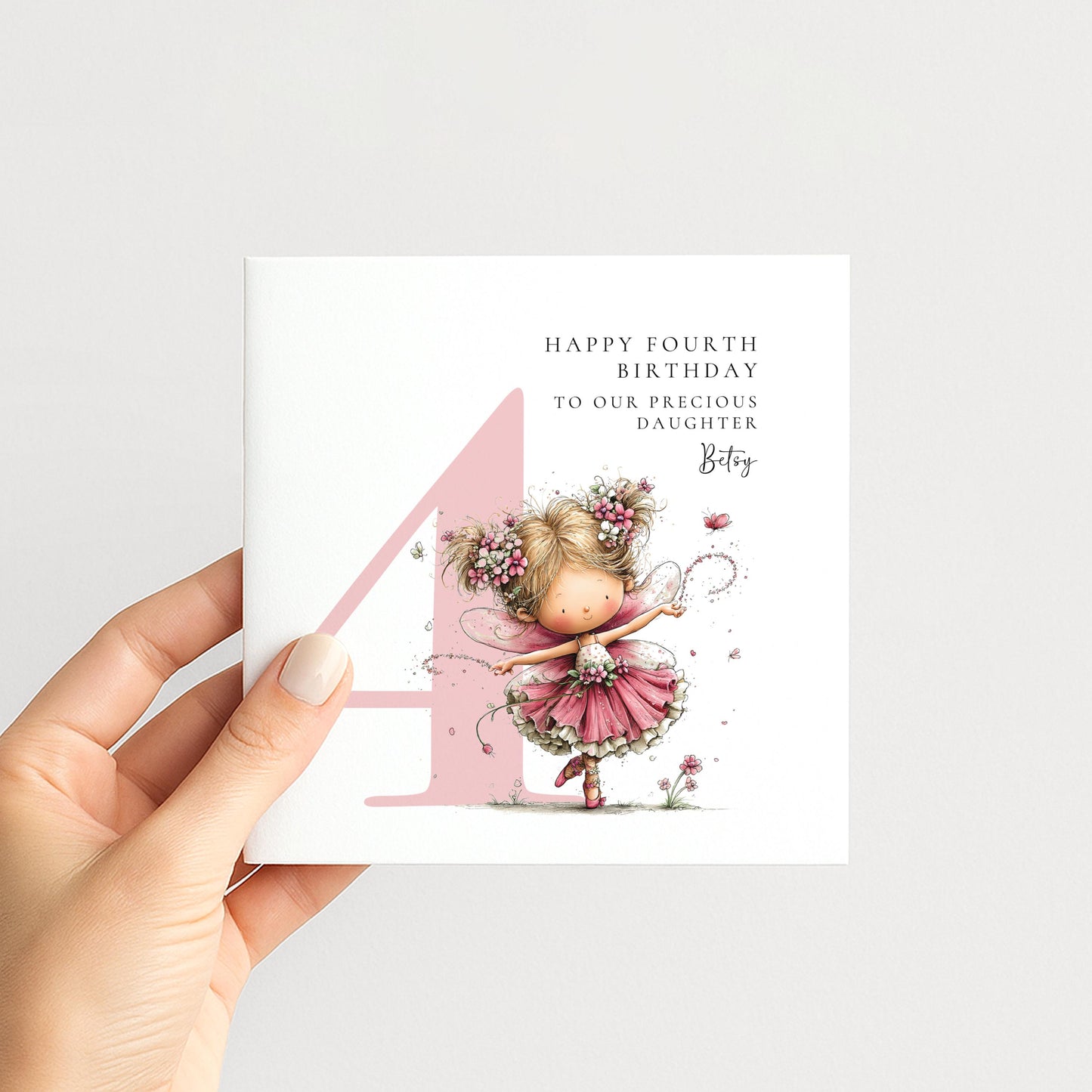 Personalised 4th Birthday Card for Girl, Fairy Birthday Daughter Card, Blonde Baby Girl Age 4 Card, Custom Name First Birthday Keepsake