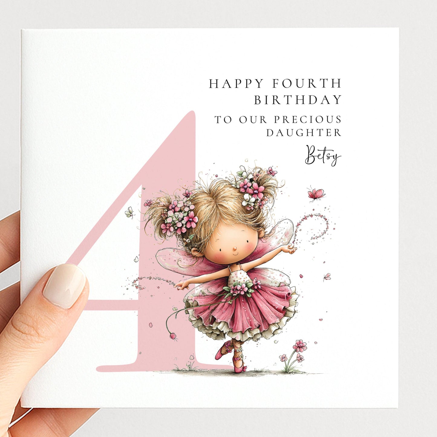 Personalised 4th Birthday Card for Girl, Fairy Birthday Daughter Card, Blonde Baby Girl Age 4 Card, Custom Name First Birthday Keepsake