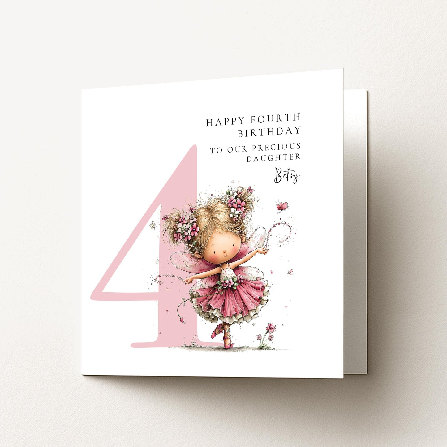 Personalised 4th Birthday Card for Girl, Fairy Birthday Daughter Card, Blonde Baby Girl Age 4 Card, Custom Name First Birthday Keepsake