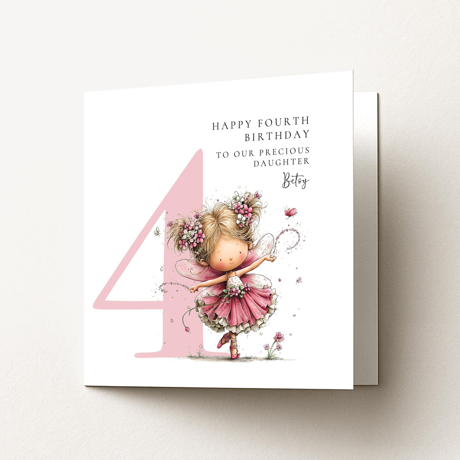 Personalised 4th Birthday Card for Girl, Fairy Birthday Daughter Card, Blonde Baby Girl Age 4 Card, Custom Name First Birthday Keepsake