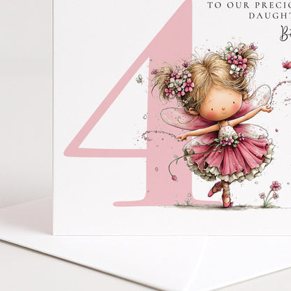 Personalised 4th Birthday Card for Girl, Fairy Birthday Daughter Card, Blonde Baby Girl Age 4 Card, Custom Name First Birthday Keepsake