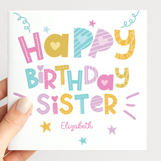 Sister Birthday Card Personalised, Happy Birthday Sister Card, Colourful Fun Typography Card, Cute Sister Card, Custom Name Card