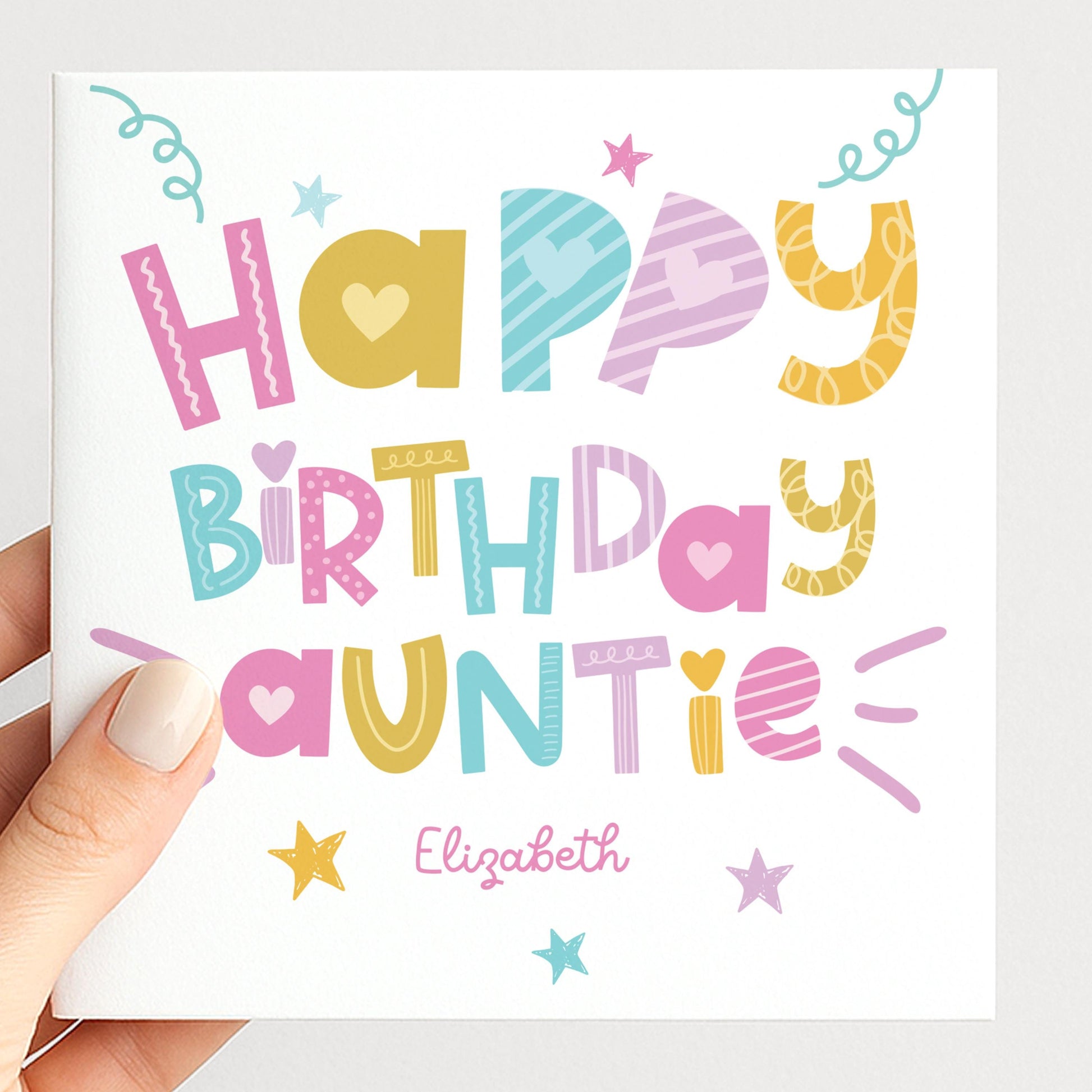 Birthday Card for Auntie, Personalised Auntie Birthday Card, Colourful Happy Birthday Auntie Card, Custom Name Card for Auntie