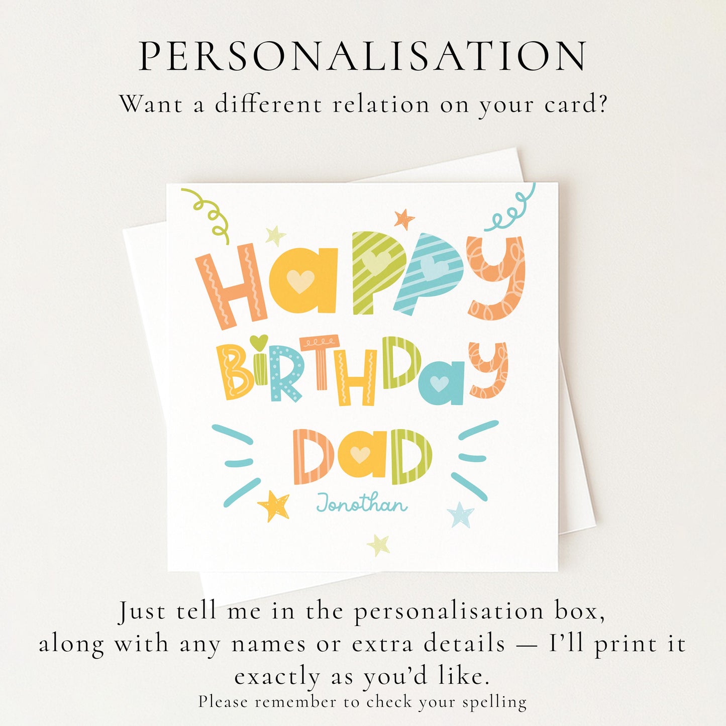 Birthday Card for Dad, Personalised Dad Birthday Card, Colourful Happy Birthday Dad Card, Custom Name Card for Dad
