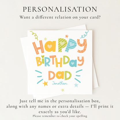 Birthday Card for Dad, Personalised Dad Birthday Card, Colourful Happy Birthday Dad Card, Custom Name Card for Dad