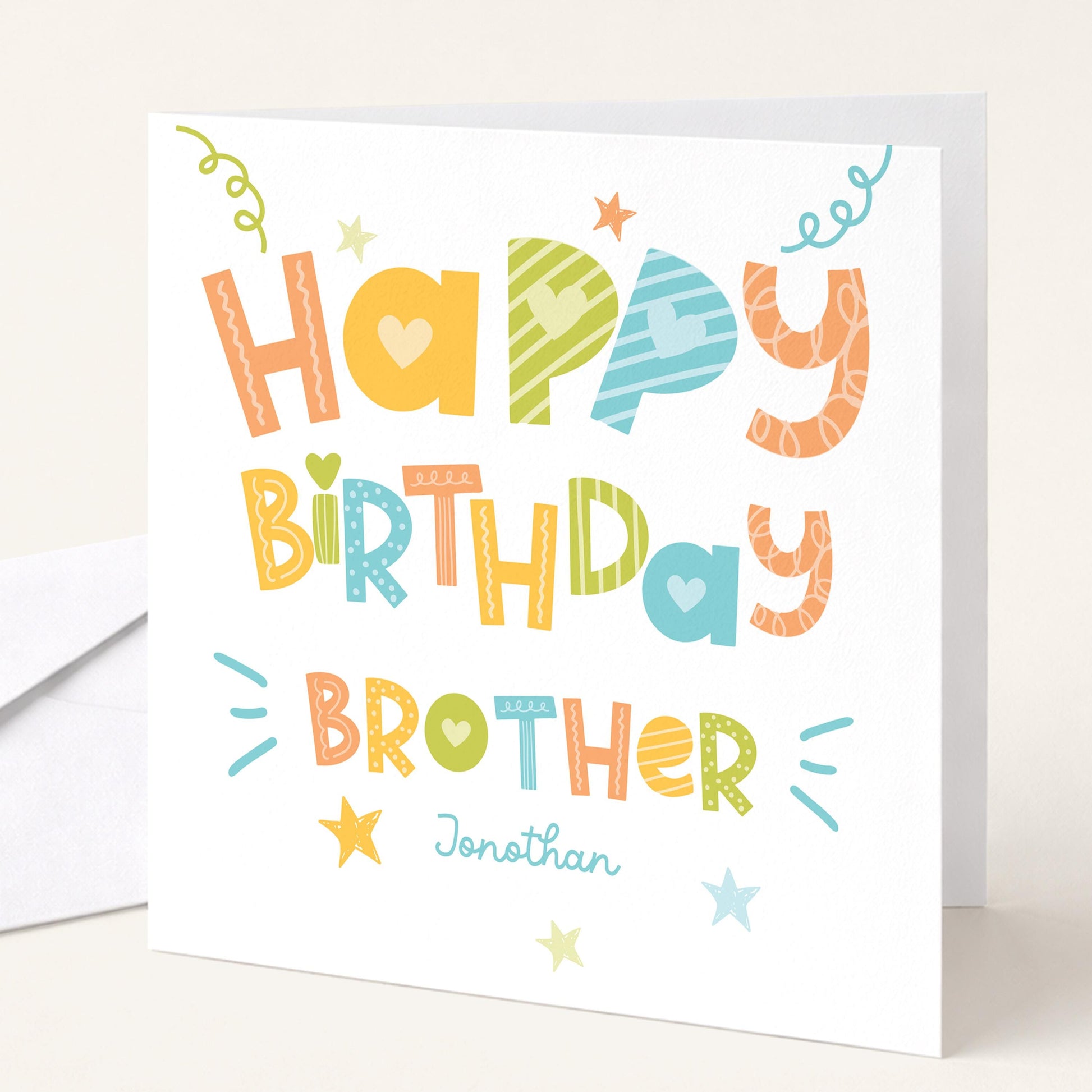 Birthday Card for Brother, Personalised Brother Birthday Card, Colourful Happy Birthday Brother Card, Custom Name Card