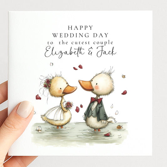 Wedding Card for Couple, Personalised Wedding Day Card, Cute Bride and Groom Duck Card, Romantic Wedding Card with Names