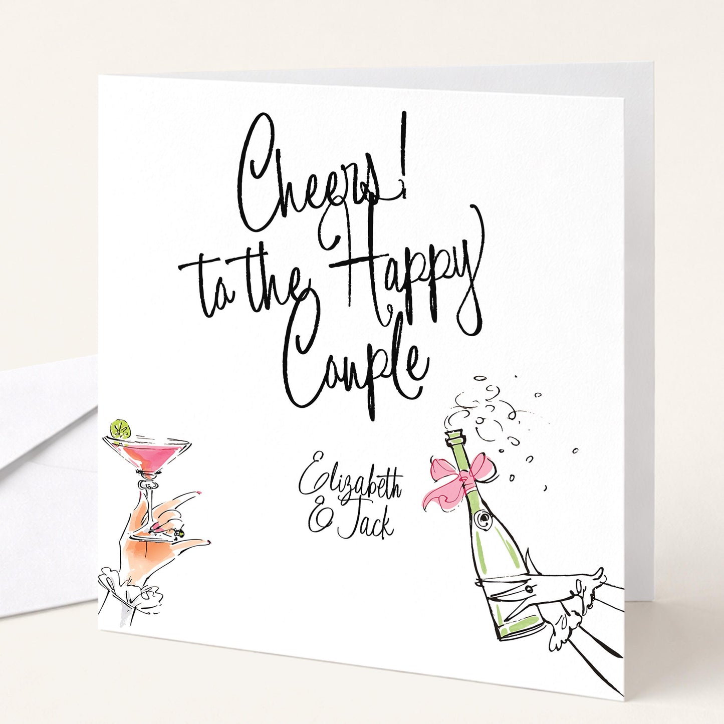 Wedding Card for Couple, Personalised Wedding Congratulations Card, Cheers to the Happy Couple Card, Modern Wedding Card with Names