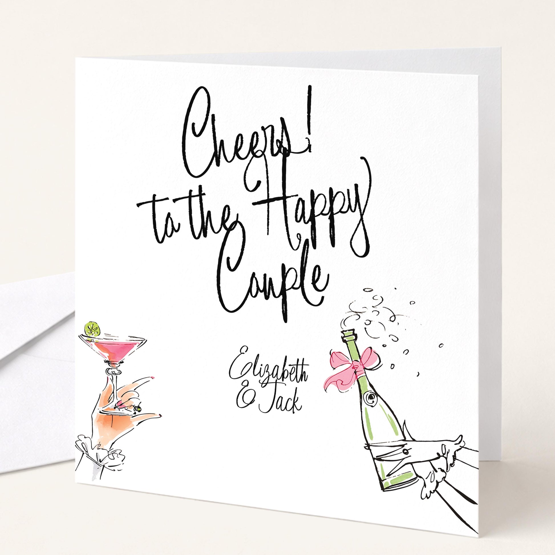 Wedding Card for Couple, Personalised Wedding Congratulations Card, Cheers to the Happy Couple Card, Modern Wedding Card with Names