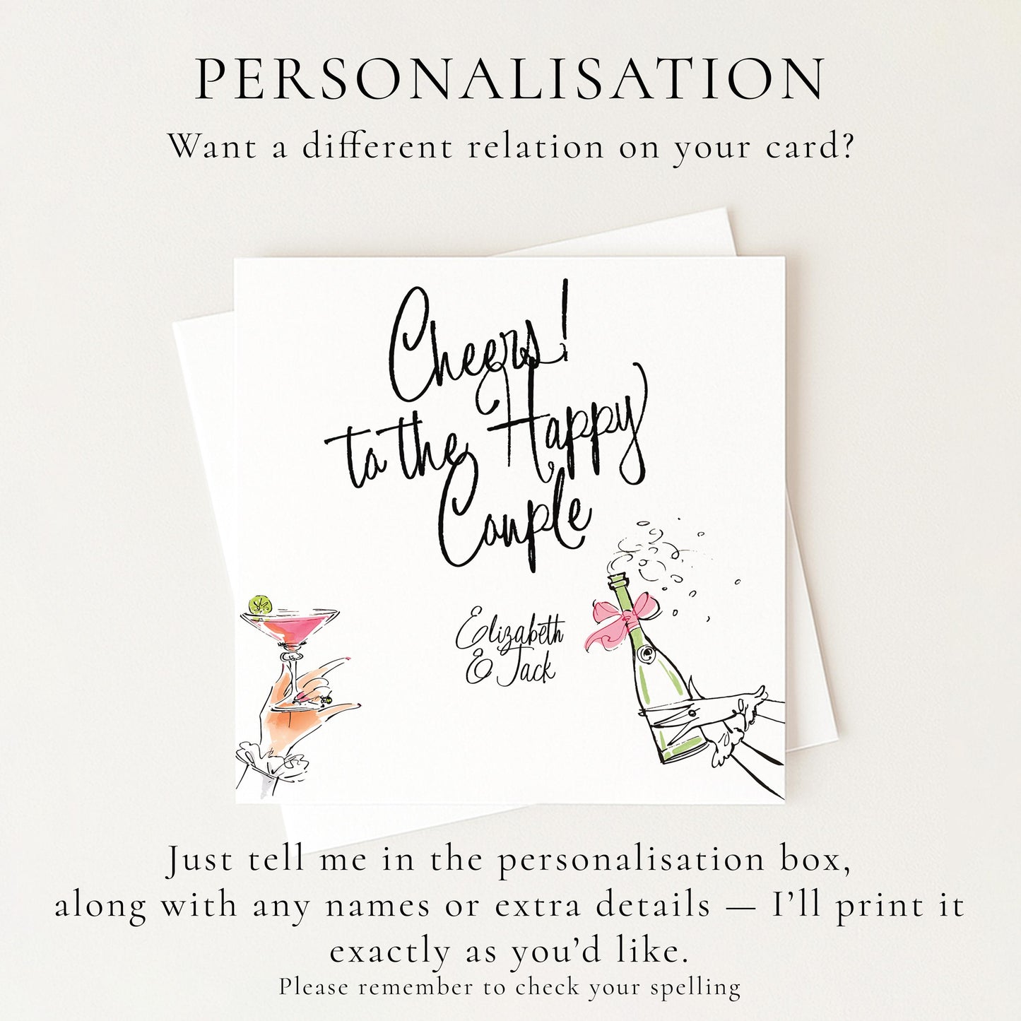 Wedding Card for Couple, Personalised Wedding Congratulations Card, Cheers to the Happy Couple Card, Modern Wedding Card with Names