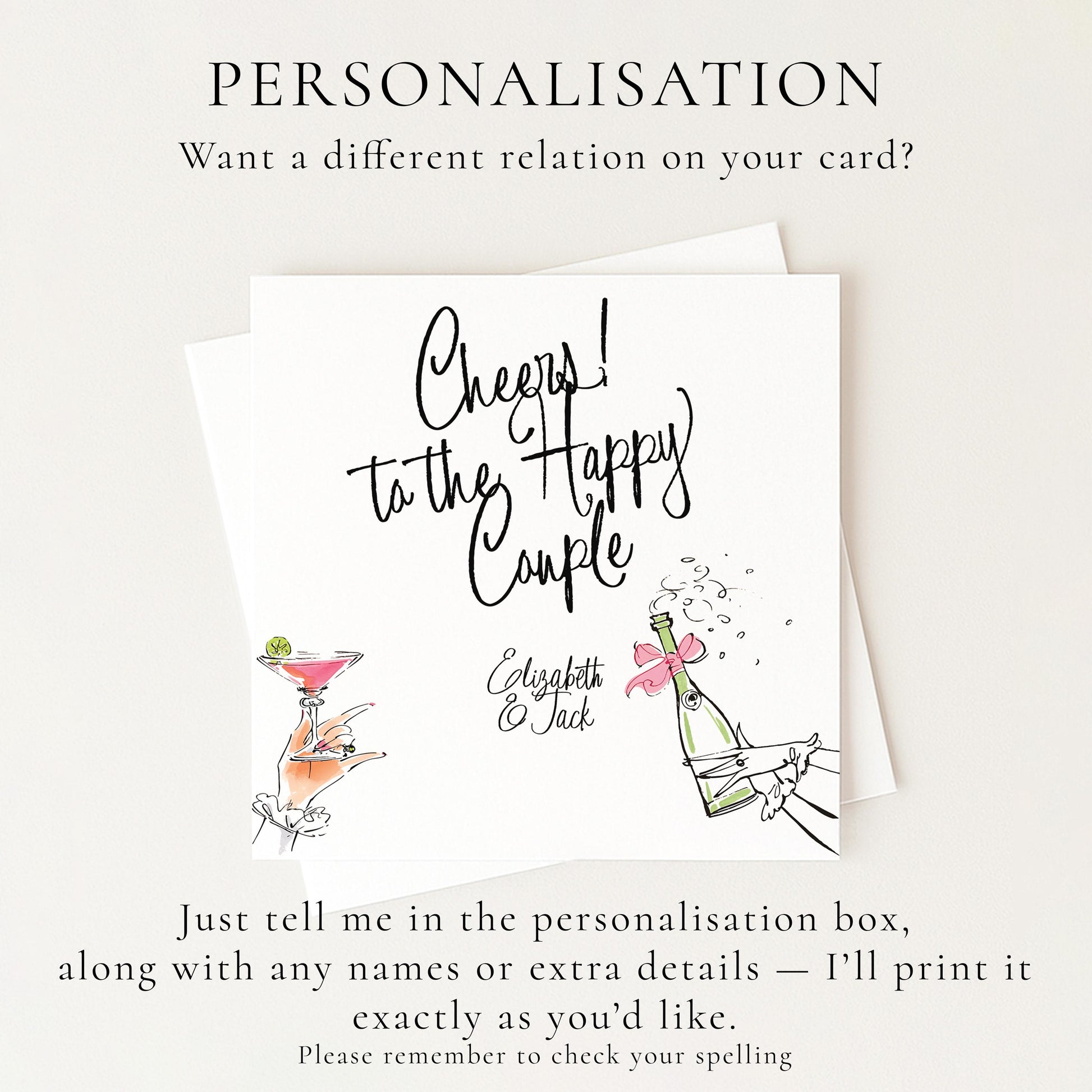 Wedding Card for Couple, Personalised Wedding Congratulations Card, Cheers to the Happy Couple Card, Modern Wedding Card with Names