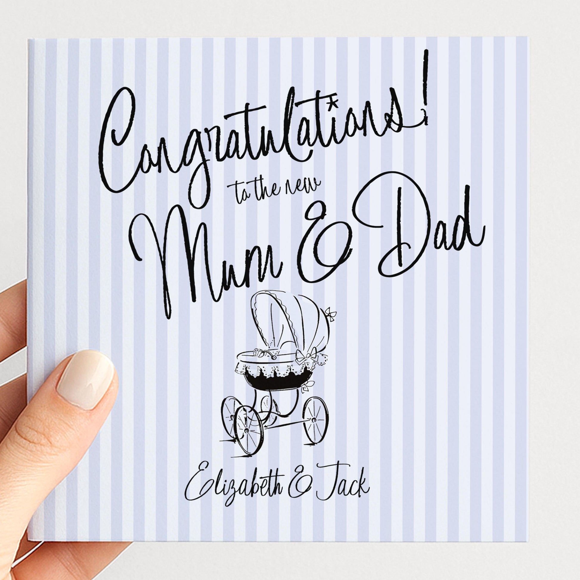 New Baby Card for Mum and Dad, Personalised Congratulations New Parents Card, Retro Blue Striped Baby Boy Card
