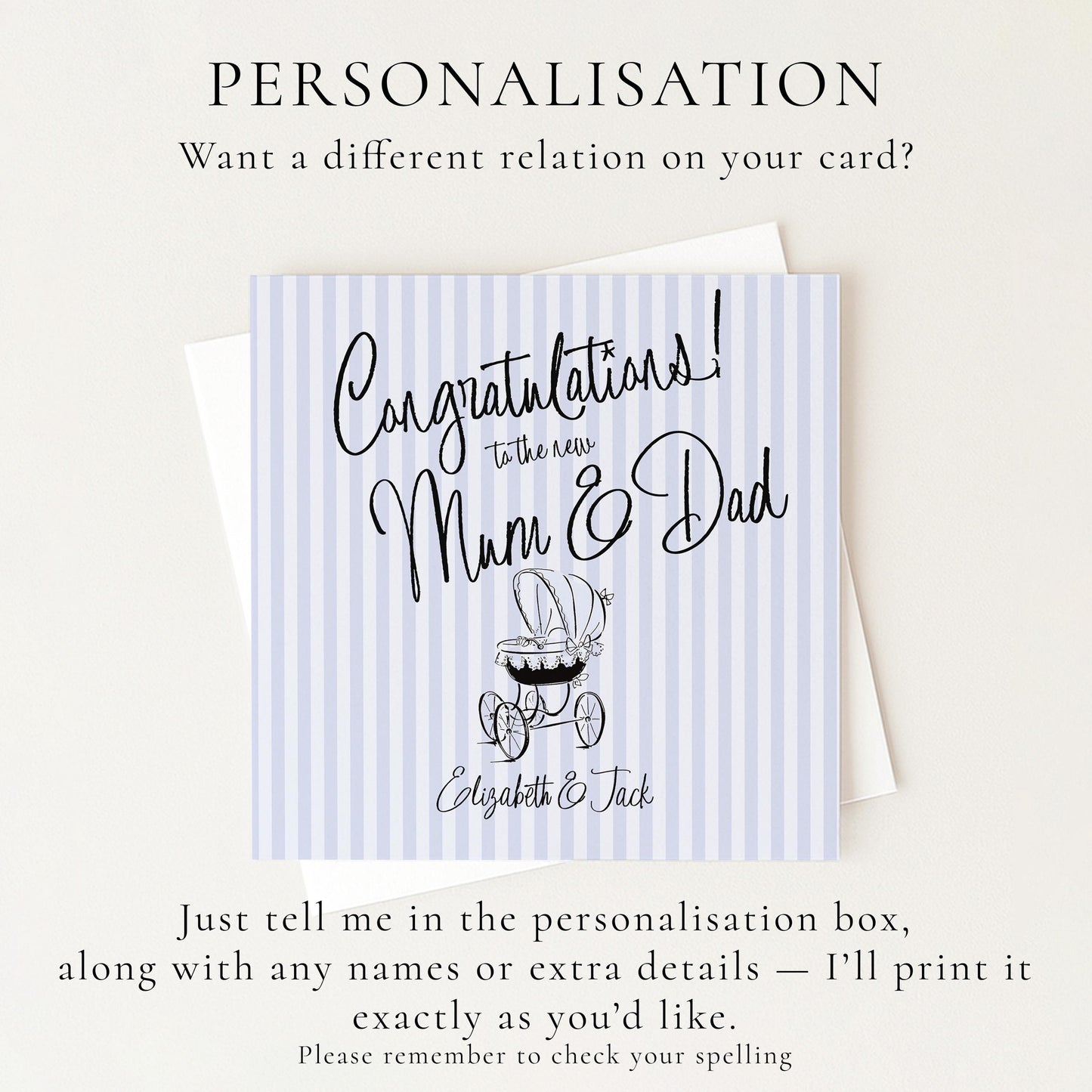 New Baby Card for Mum and Dad, Personalised Congratulations New Parents Card, Retro Blue Striped Baby Boy Card