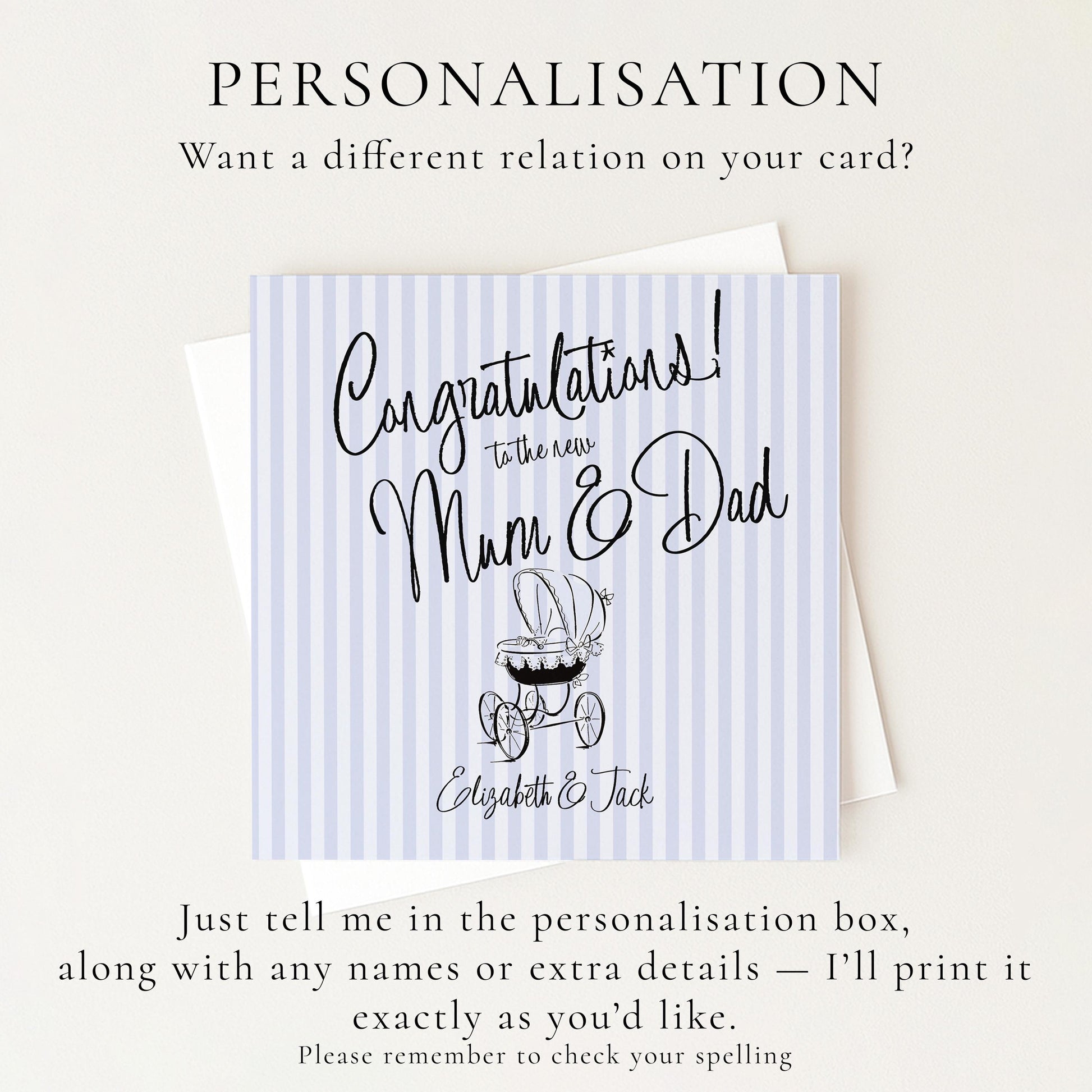 New Baby Card for Mum and Dad, Personalised Congratulations New Parents Card, Retro Blue Striped Baby Boy Card