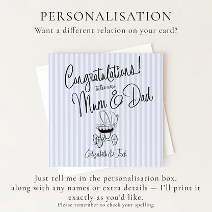 New Baby Card for Mum and Dad, Personalised Congratulations New Parents Card, Retro Blue Striped Baby Boy Card