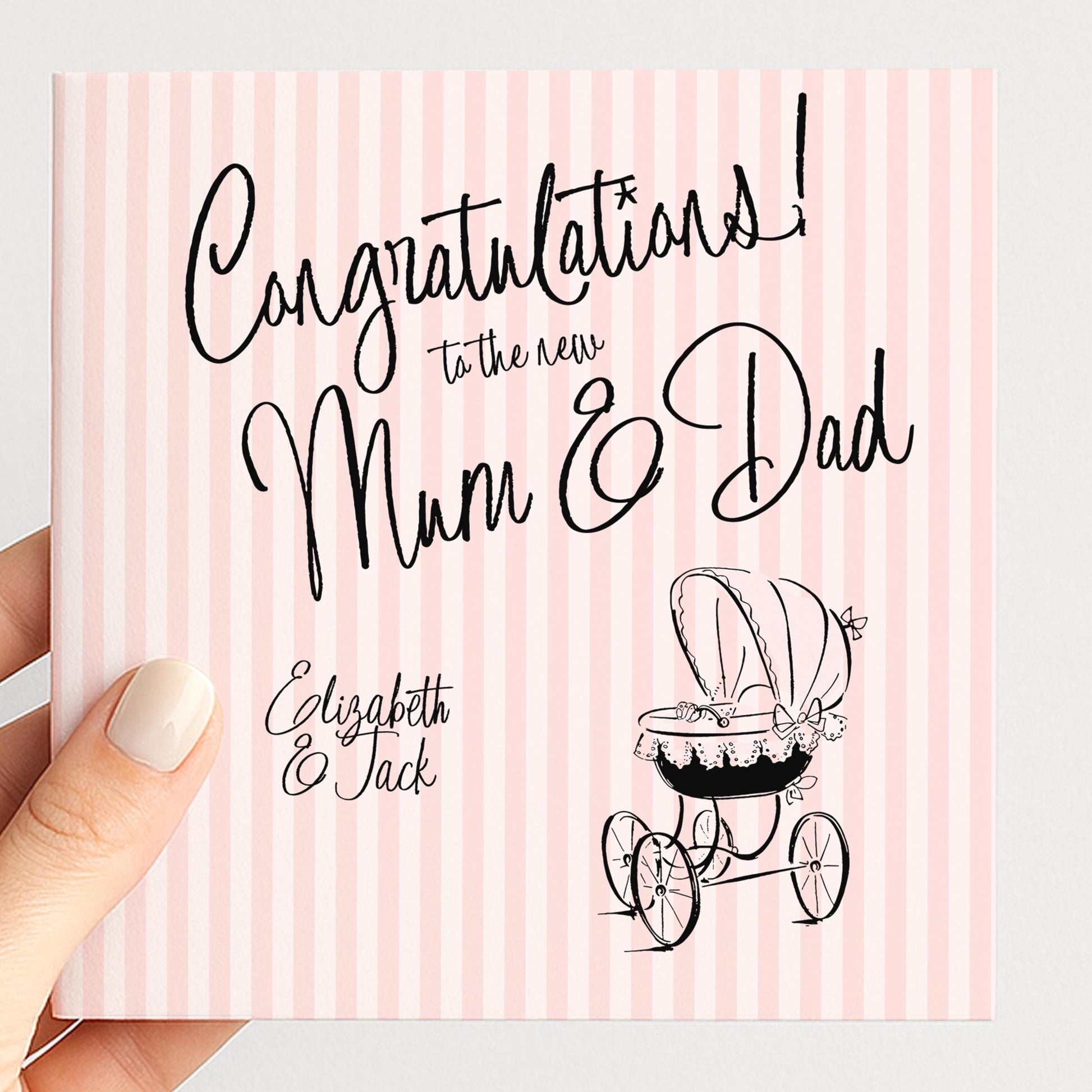 New Baby Girl Card for Mum and Dad, Personalised Congratulations New Parents Card, Retro Pink Striped Baby Card