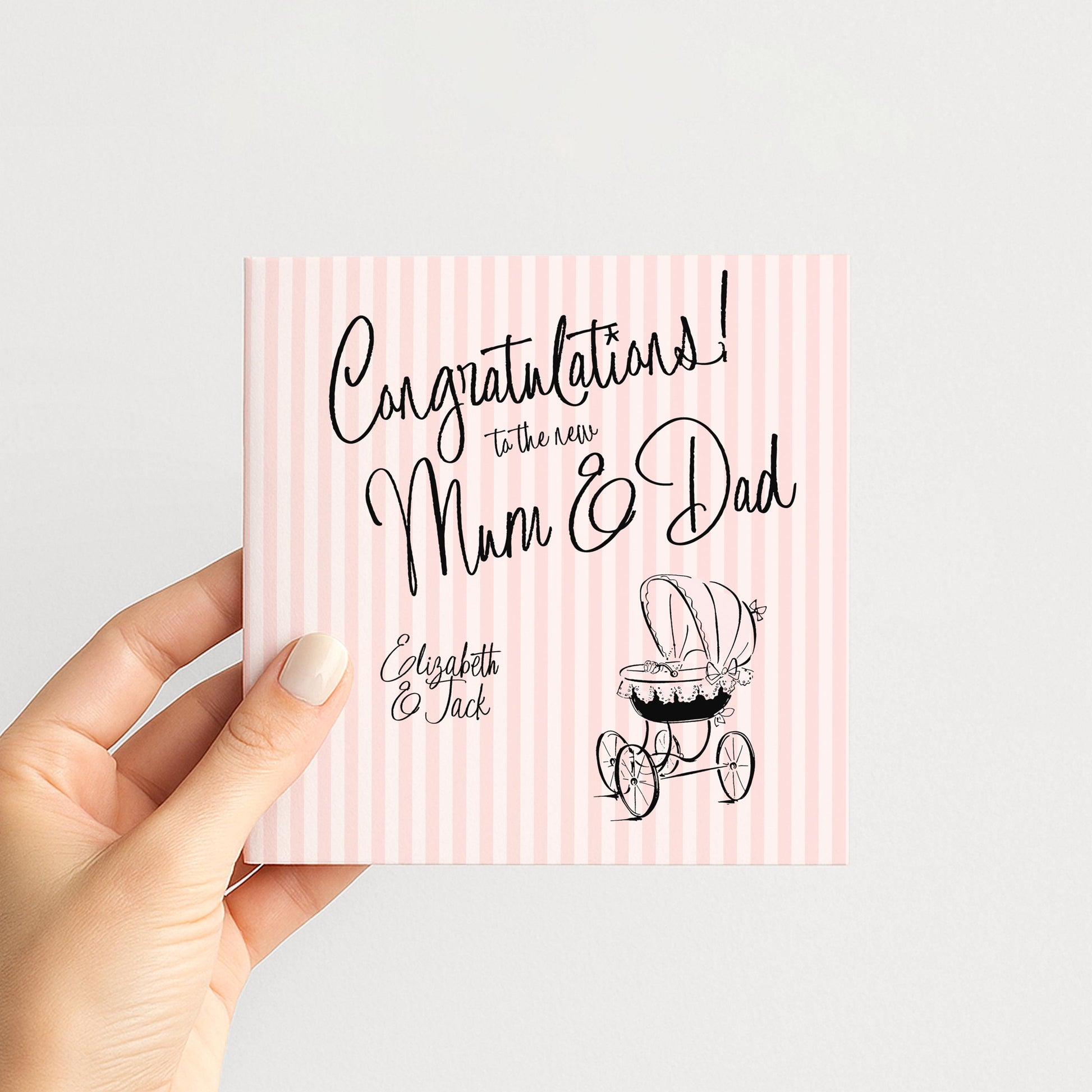 New Baby Girl Card for Mum and Dad, Personalised Congratulations New Parents Card, Retro Pink Striped Baby Card