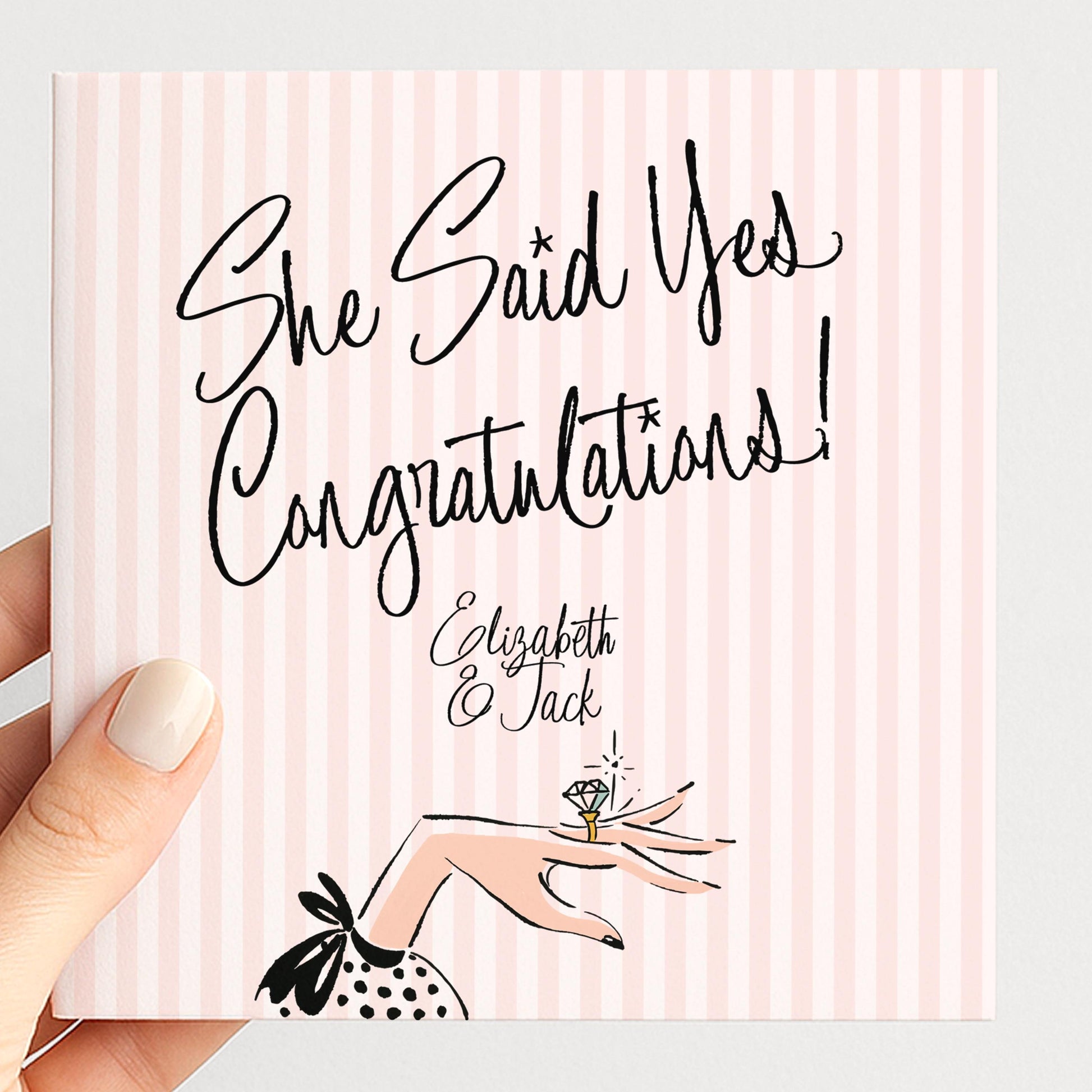 Engagement Card She Said Yes, Personalised Congratulations Engagement Card, Modern Pink Striped Proposal Card