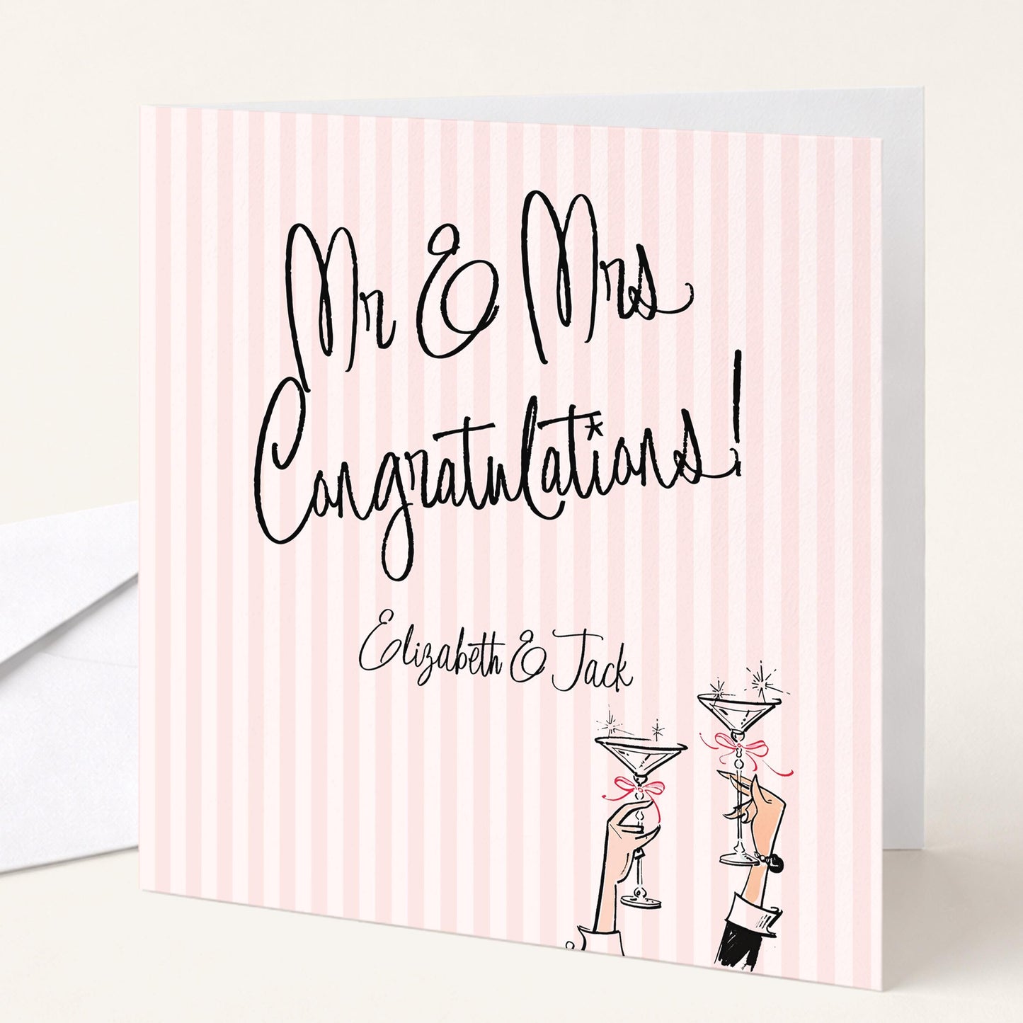 Wedding Card for Mr and Mrs, Personalised Congratulations Card, Modern Pink Striped Wedding Card with Names