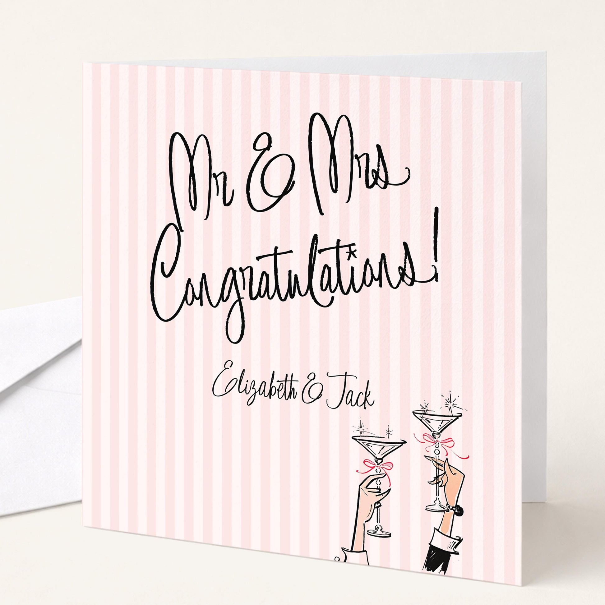 Wedding Card for Mr and Mrs, Personalised Congratulations Card, Modern Pink Striped Wedding Card with Names