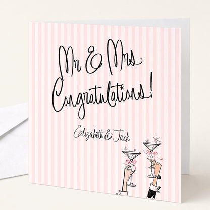 Wedding Card for Mr and Mrs, Personalised Congratulations Card, Modern Pink Striped Wedding Card with Names