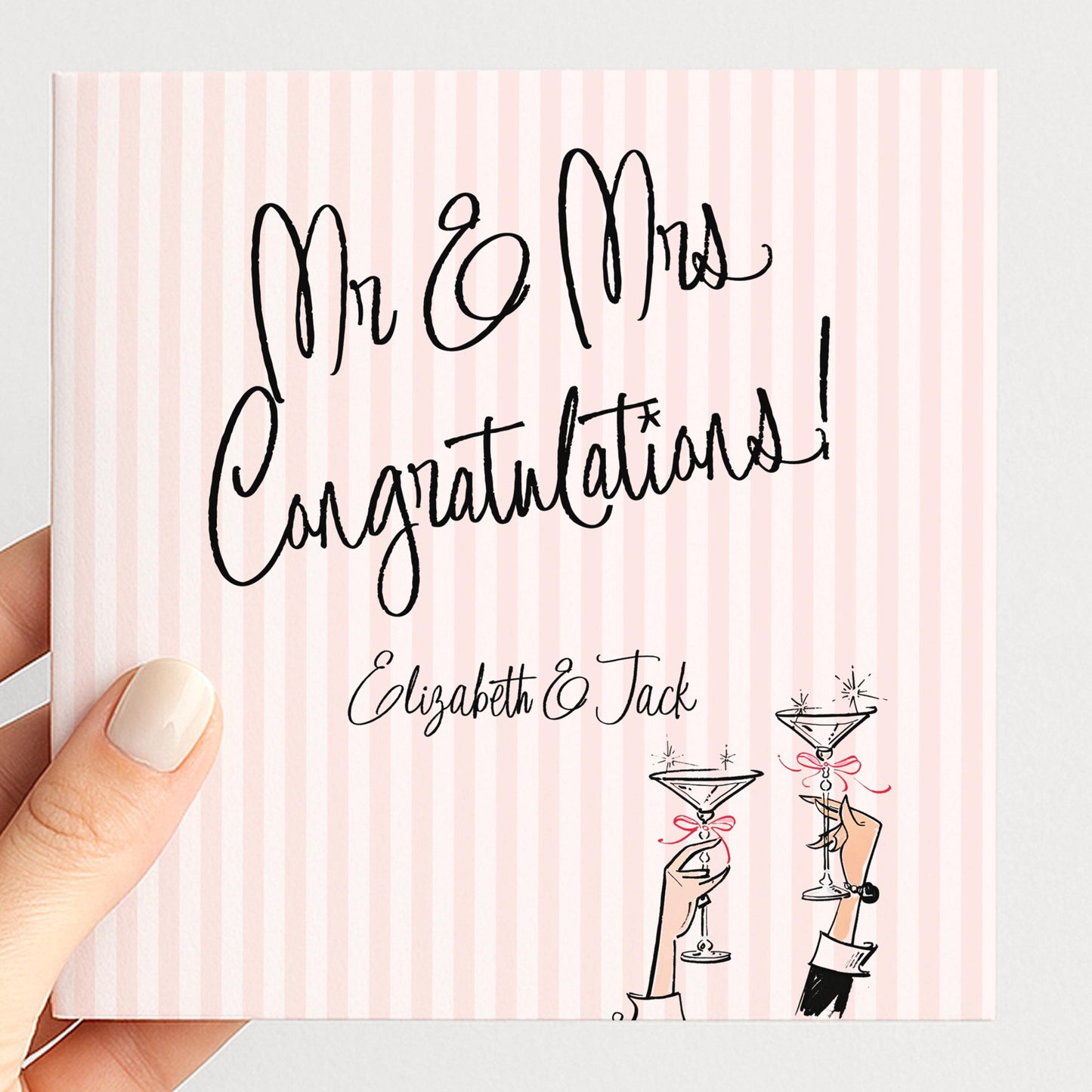 Wedding Card for Mr and Mrs, Personalised Congratulations Card, Modern Pink Striped Wedding Card with Names