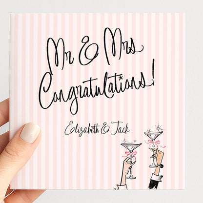 Wedding Card for Mr and Mrs, Personalised Congratulations Card, Modern Pink Striped Wedding Card with Names