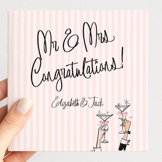 Wedding Card for Mr and Mrs, Personalised Congratulations Card, Modern Pink Striped Wedding Card with Names