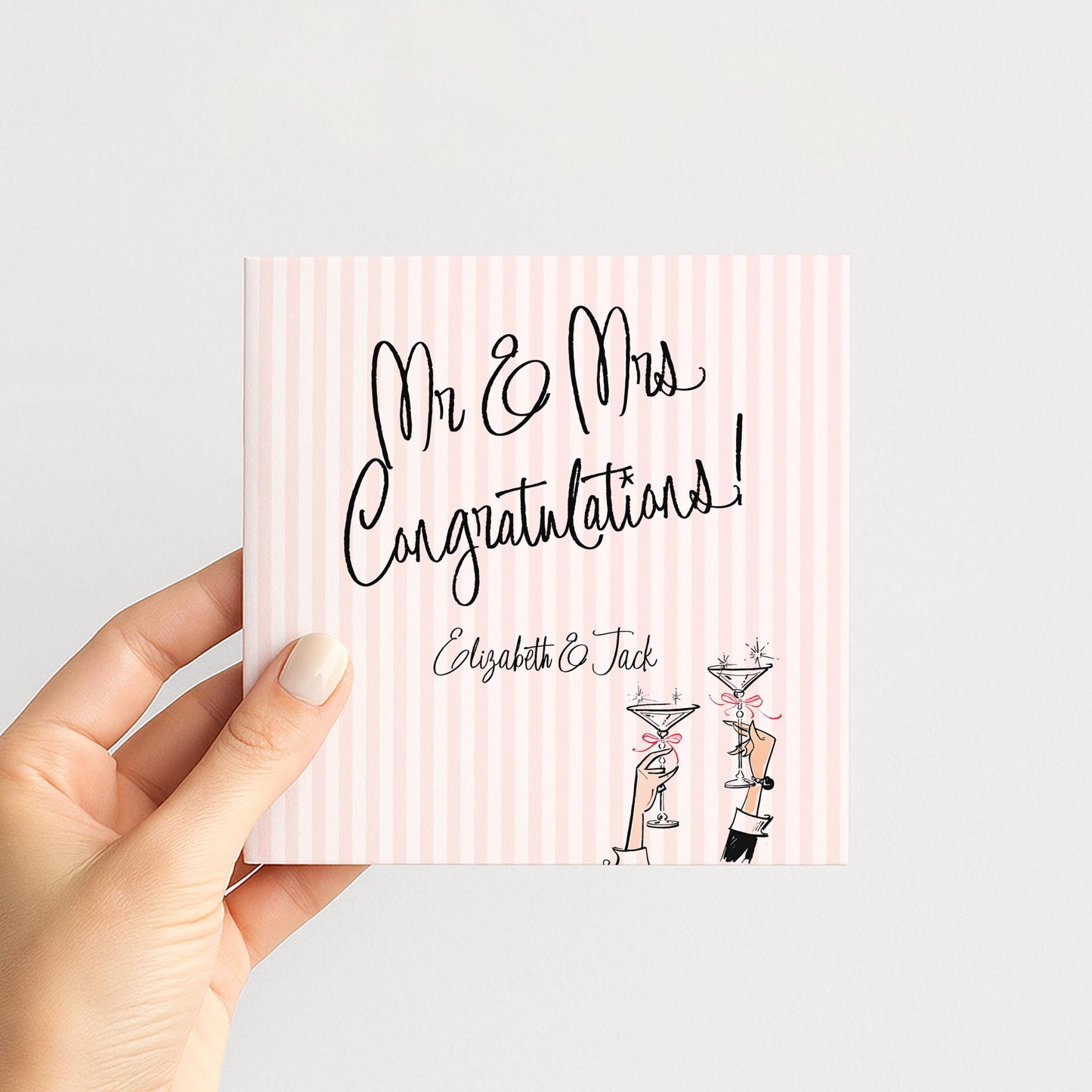 Wedding Card for Mr and Mrs, Personalised Congratulations Card, Modern Pink Striped Wedding Card with Names