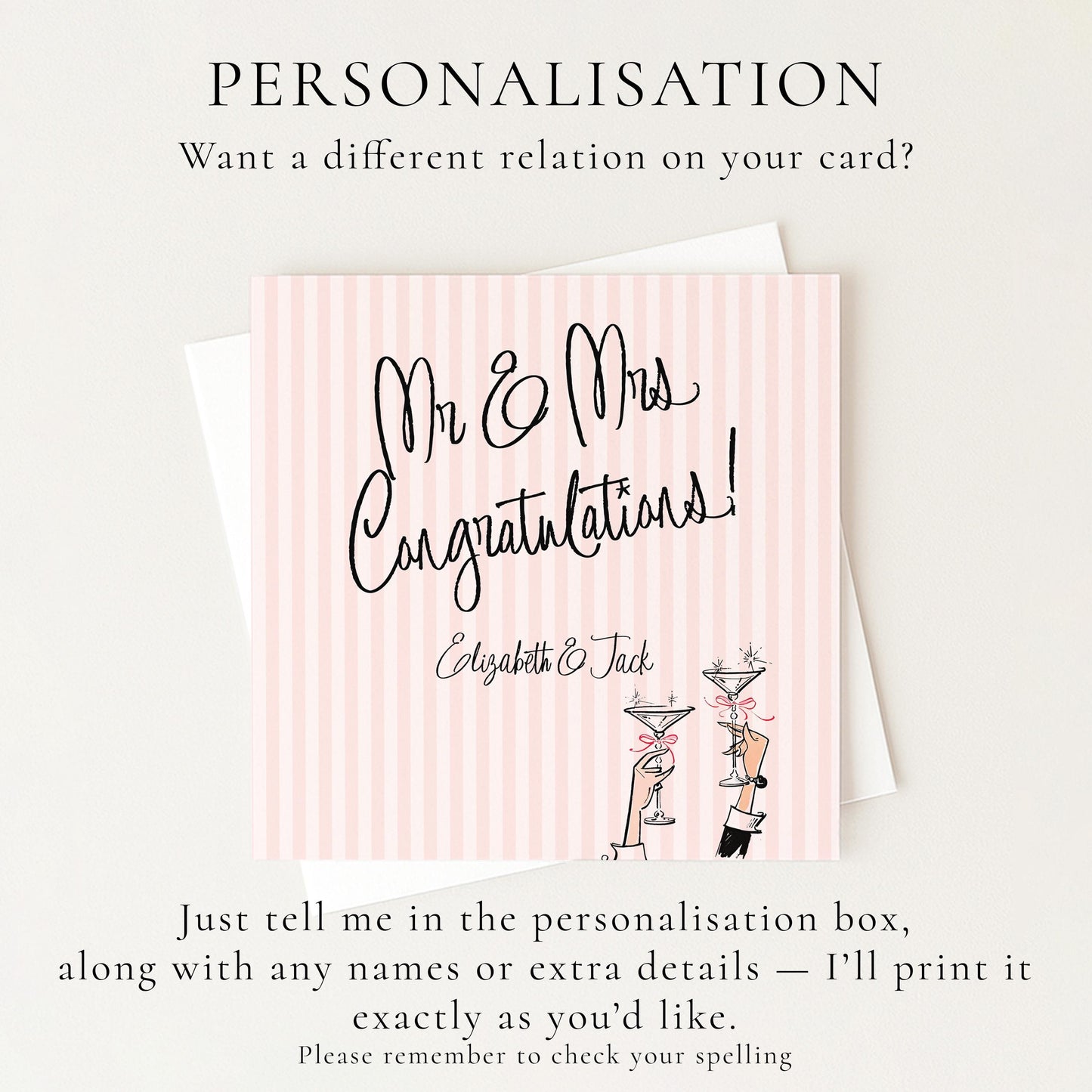 Wedding Card for Mr and Mrs, Personalised Congratulations Card, Modern Pink Striped Wedding Card with Names