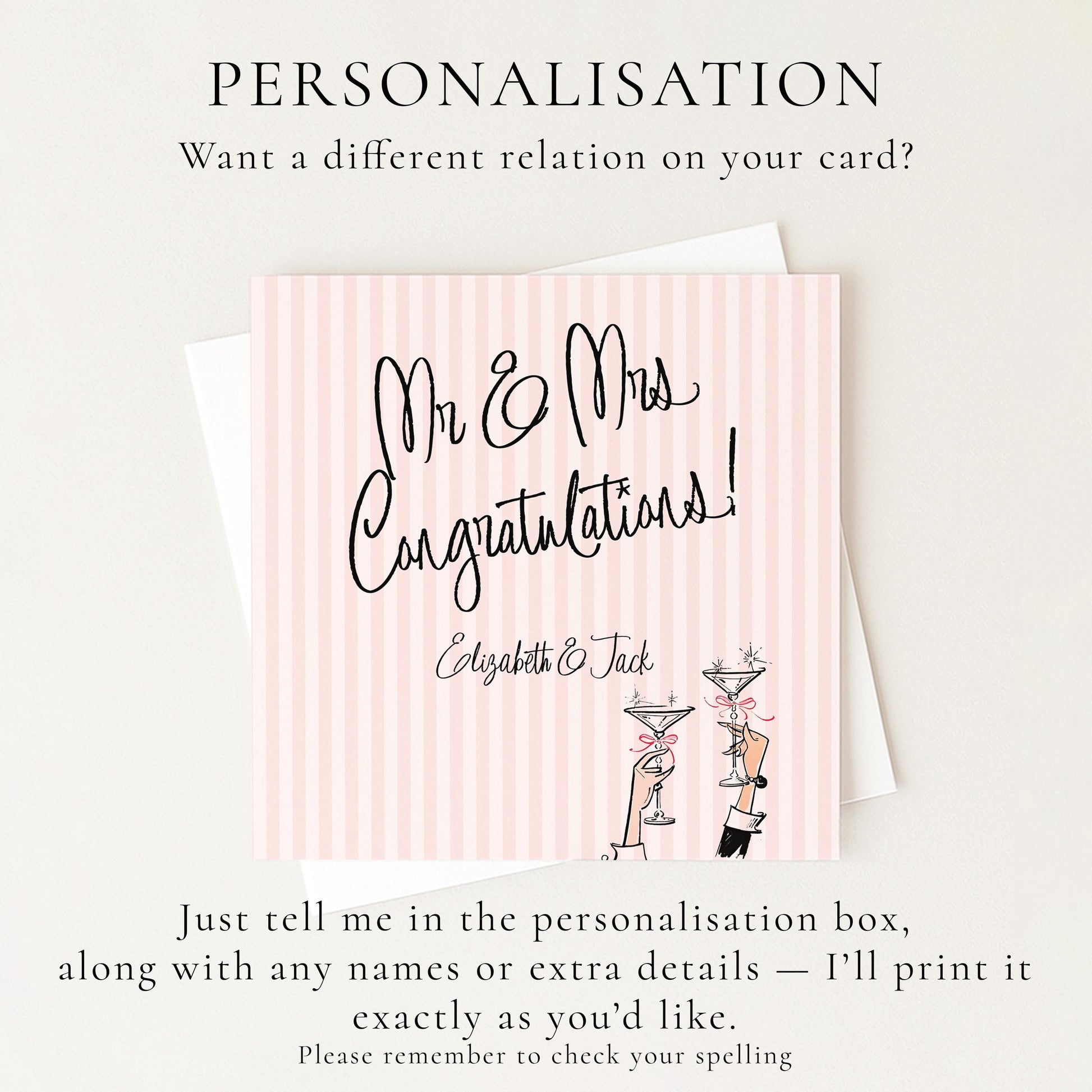 Wedding Card for Mr and Mrs, Personalised Congratulations Card, Modern Pink Striped Wedding Card with Names