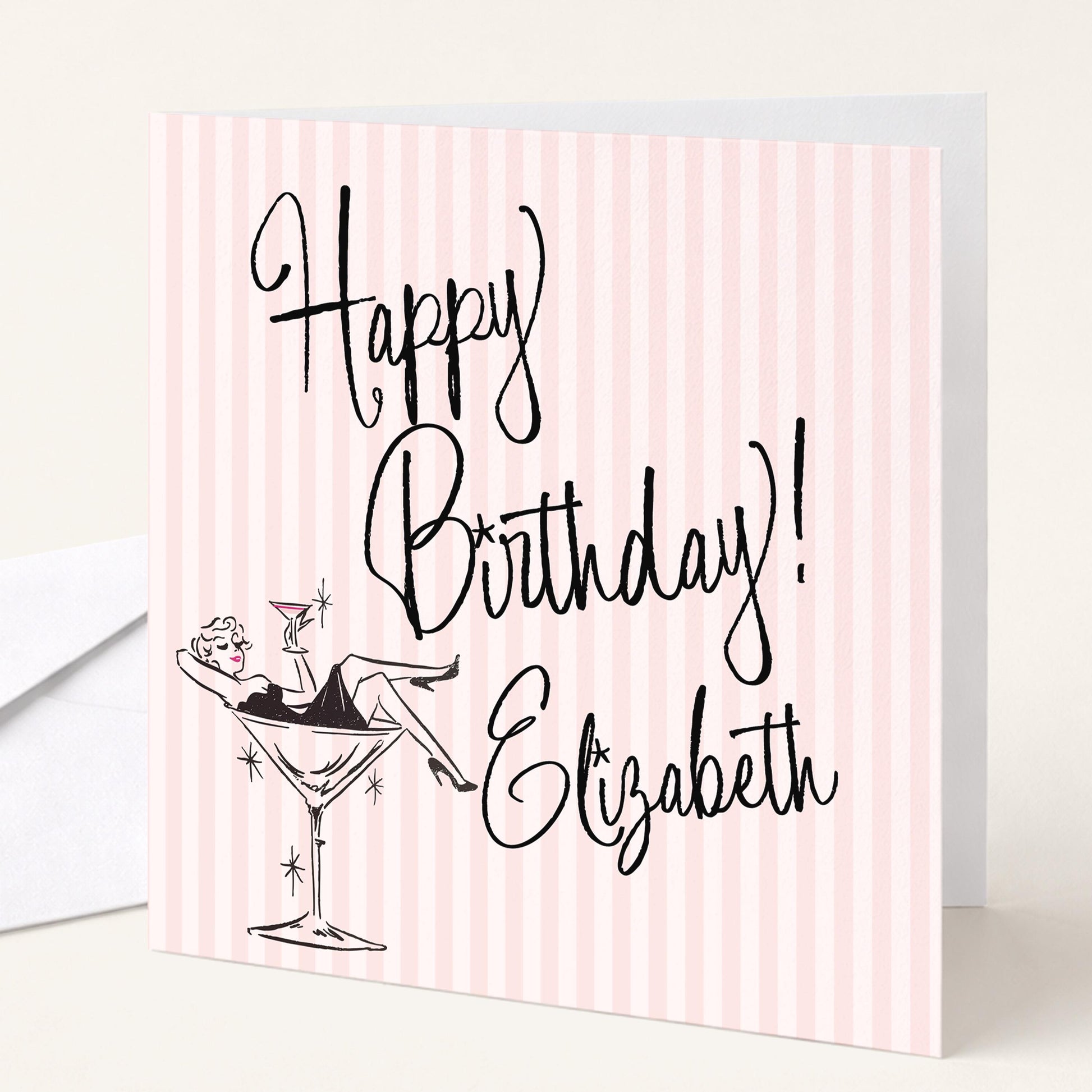 Personalised Birthday Card for Her, Modern Pink Striped Happy Birthday Card, Stylish Cocktail Birthday Card with Name