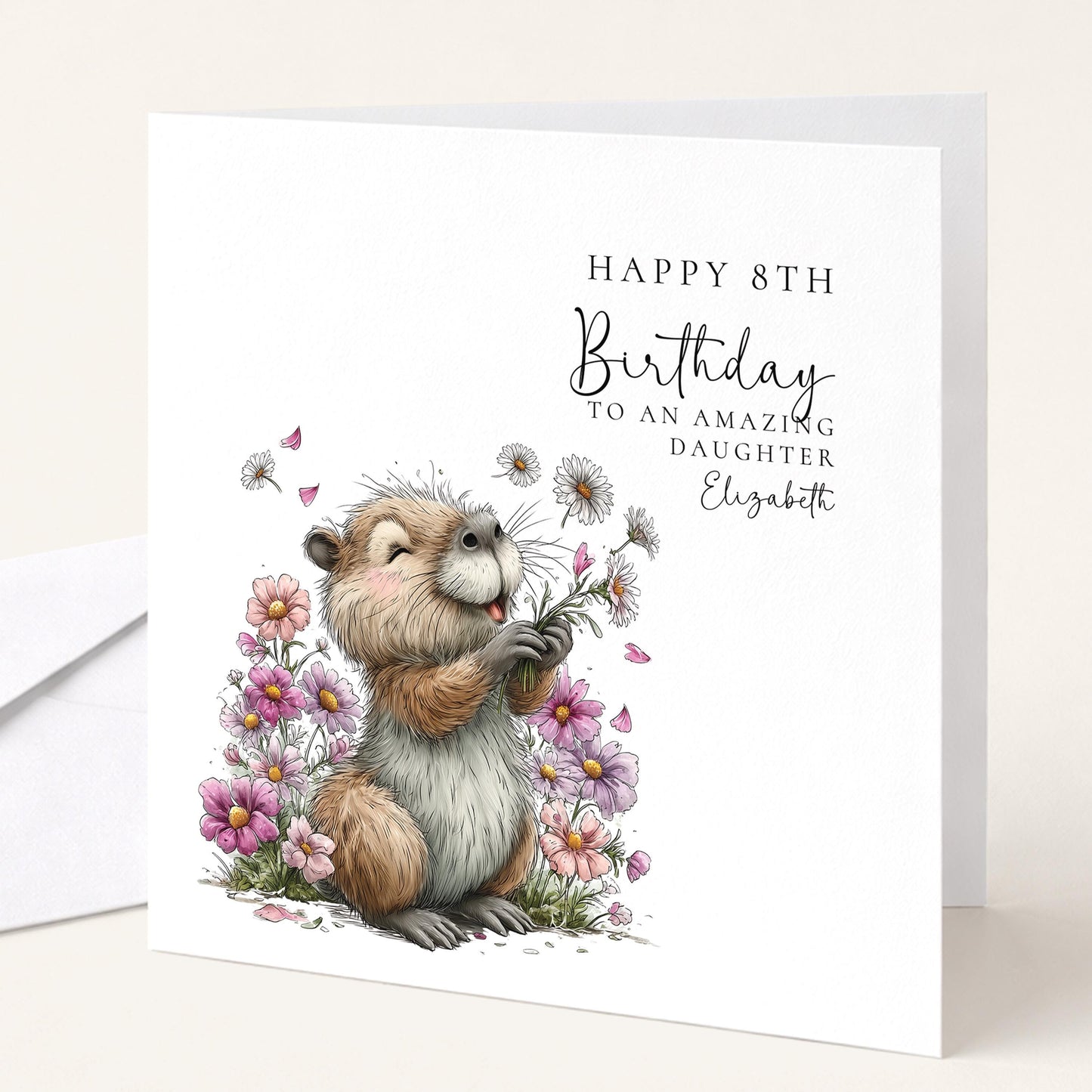 8th Birthday Card for Daughter, Personalised Girls Birthday Card, Cute Capybara Flower Card, Age 8 Birthday Card for Girl