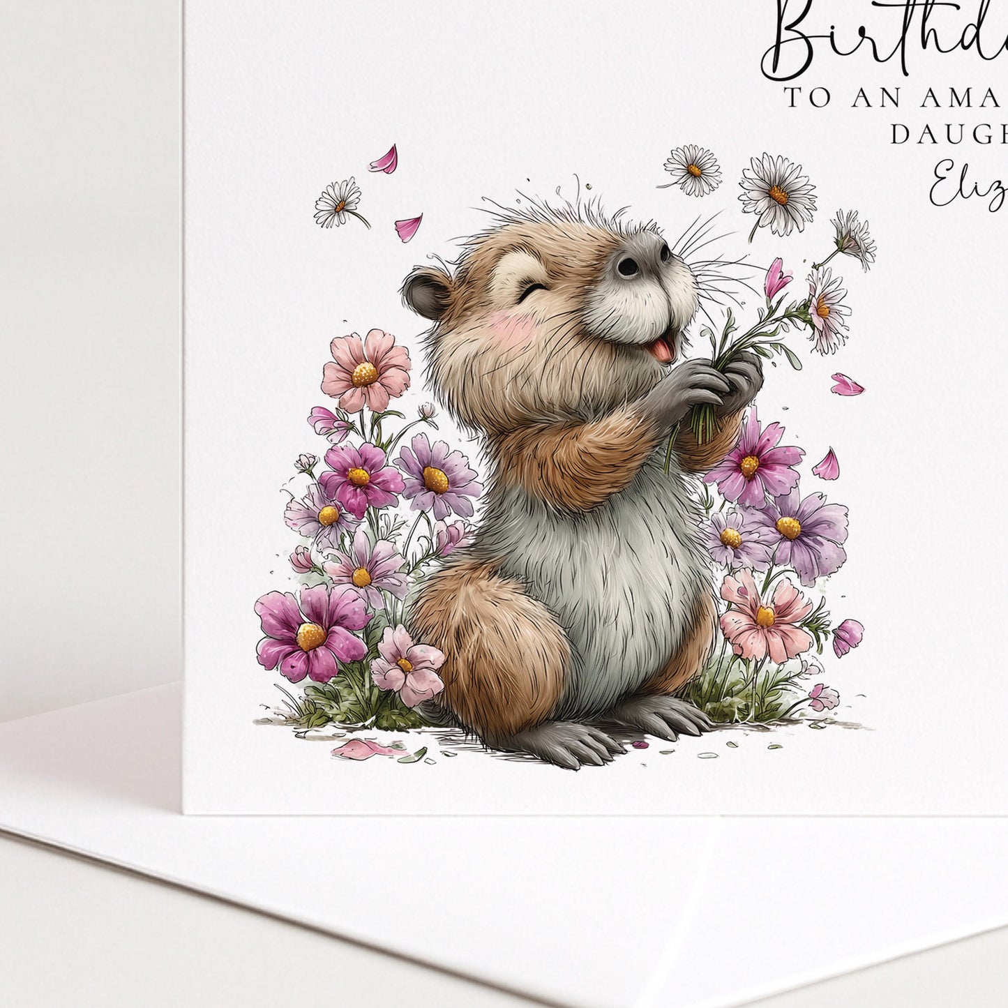 8th Birthday Card for Daughter, Personalised Girls Birthday Card, Cute Capybara Flower Card, Age 8 Birthday Card for Girl