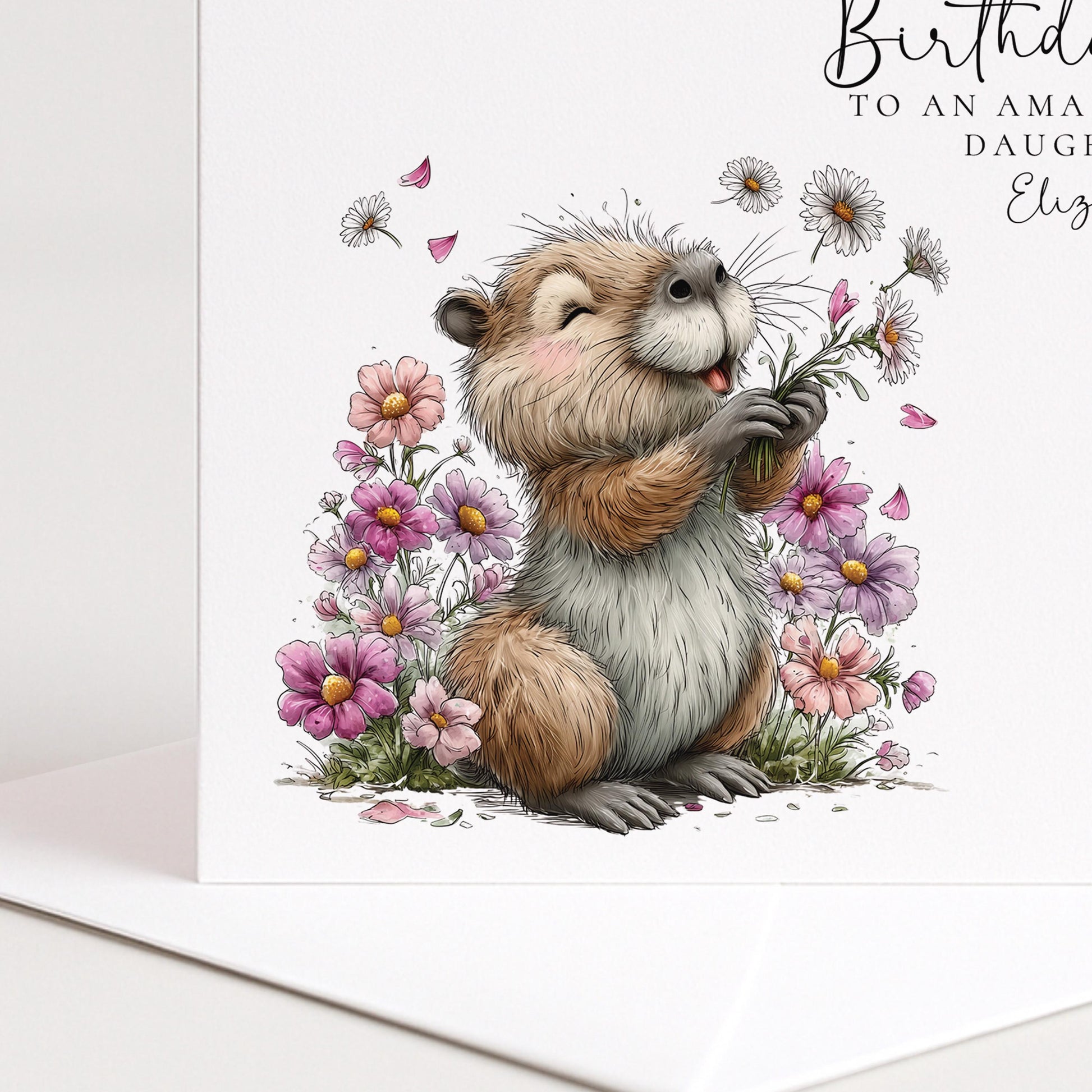 8th Birthday Card for Daughter, Personalised Girls Birthday Card, Cute Capybara Flower Card, Age 8 Birthday Card for Girl