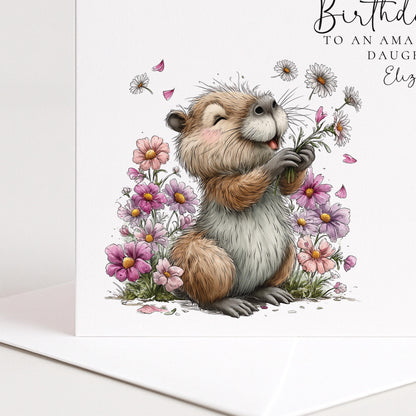 8th Birthday Card for Daughter, Personalised Girls Birthday Card, Cute Capybara Flower Card, Age 8 Birthday Card for Girl